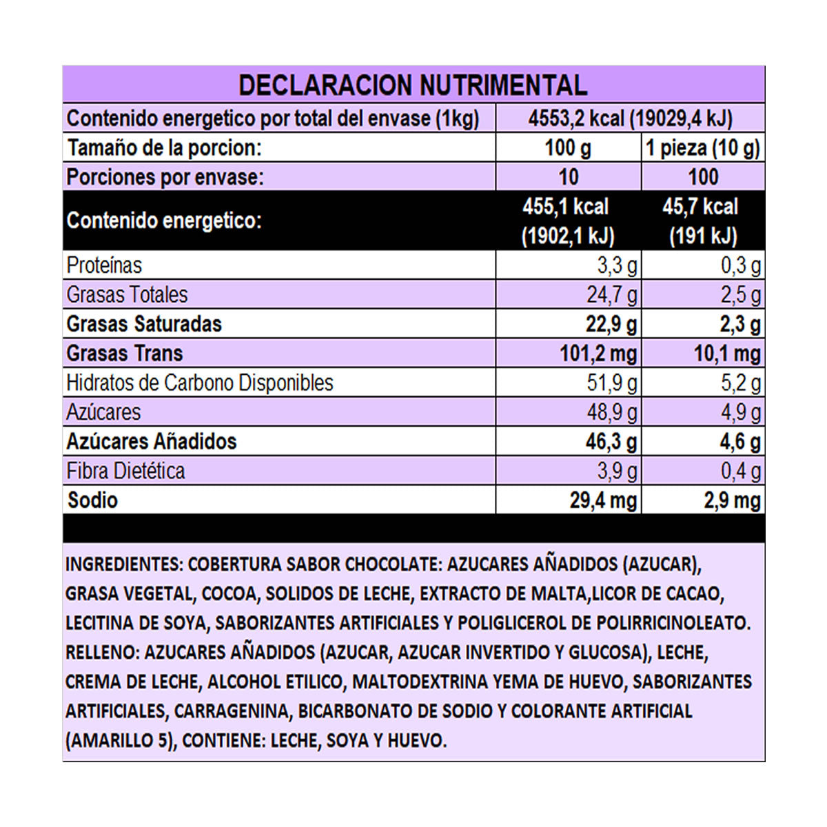 De La Rosa Bombon Sabor Chocolate Relleno Sabor Rompope 100Pz 1Kg