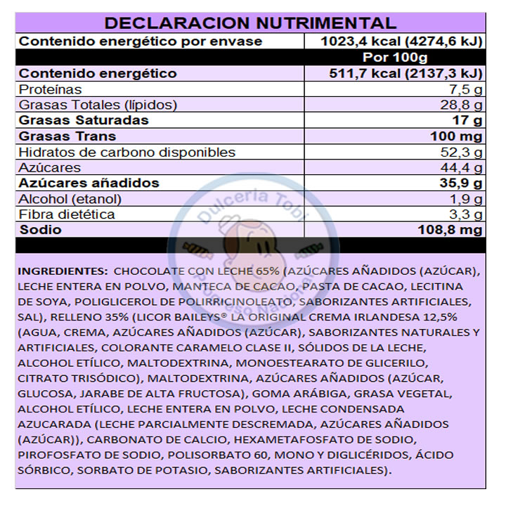 Turin Chocolate Baileys Crema Irlandesa Tubo 180g
