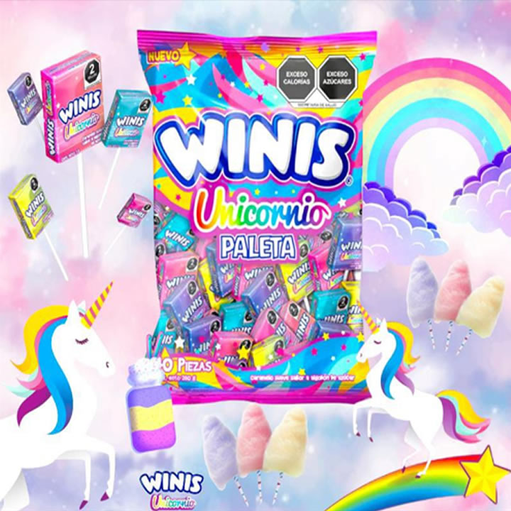 Winis Paleta Unicornio Caramelo Suave Algodón de Azúcar 40Pz