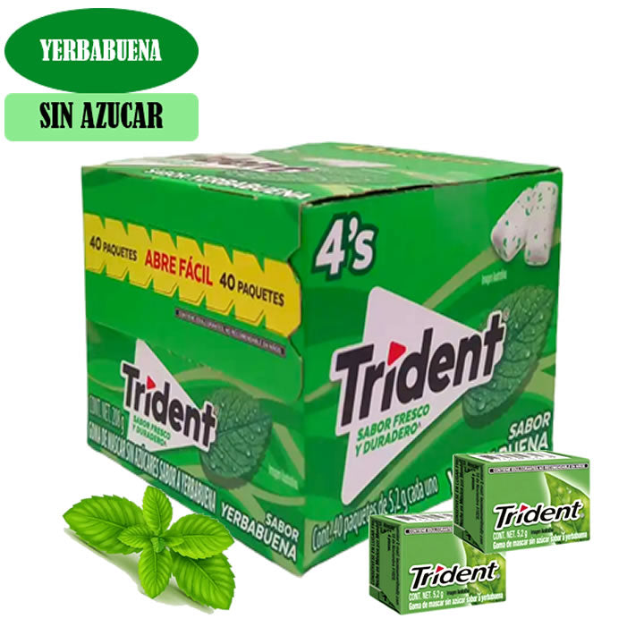 Trident Goma De Mascar Sabor Yerbabuena 4's Pastillas 40 Piezas
