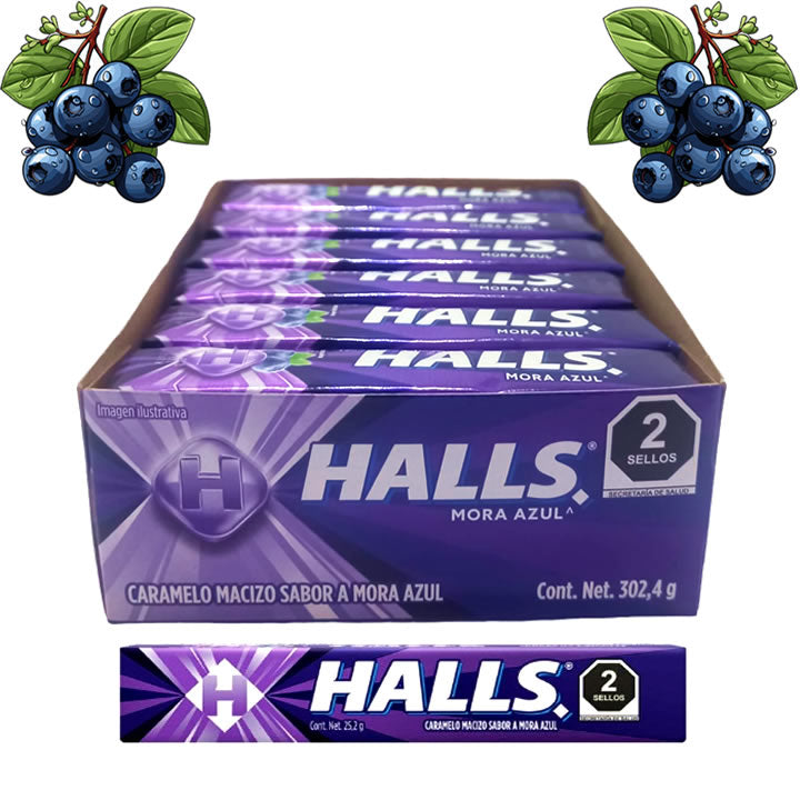 Halls Caramelo Macizo Sabor Mora Azul 12 Piezas