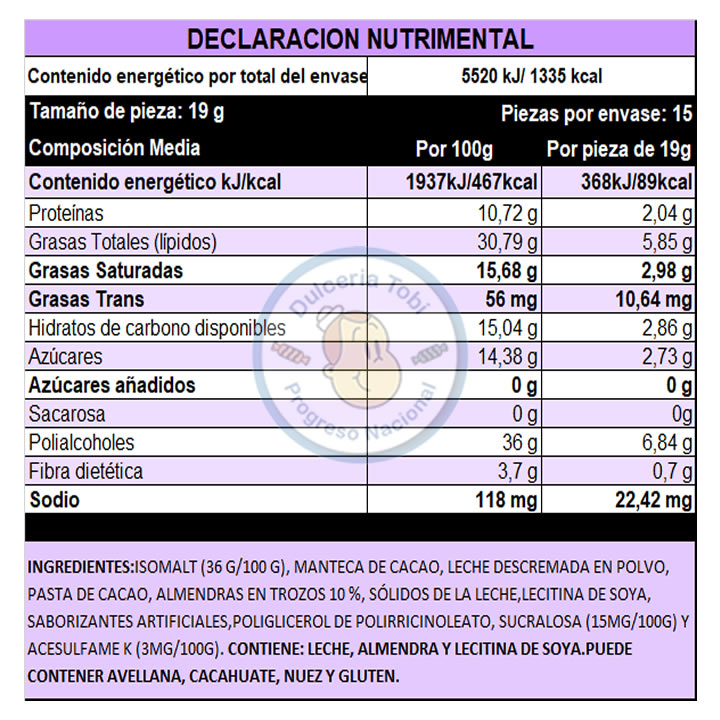 Larín Cero Chocolate Sin Azúcar Con Almendras 15 Piezas 285g