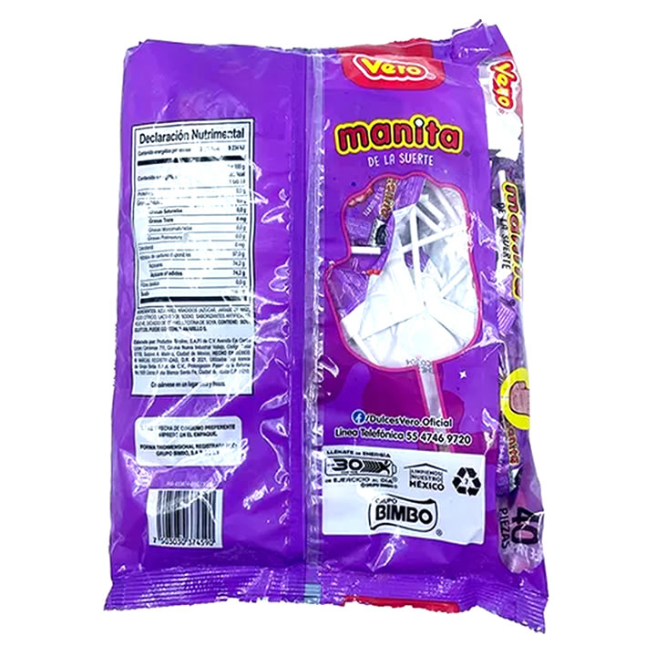 Vero Paleta Manita De La Suerte Sabor Cereza 40 Piezas