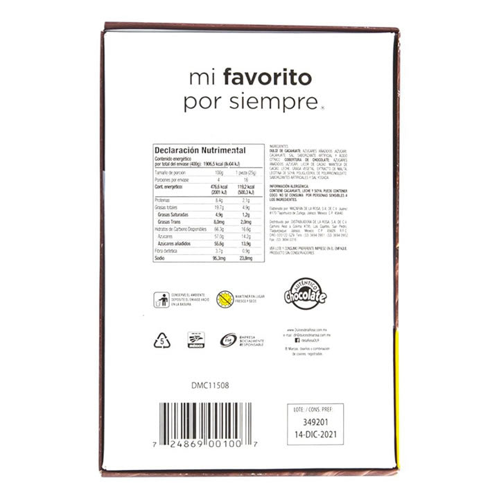 Mazapan De Cacahuate Cubierto De Chocolate De La Rosa 16 Piezas De 22g c/u 352g