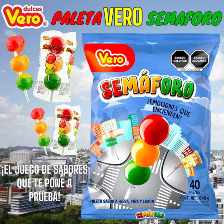 Vero Paleta Semáforo 40 Piezas Sabor Fresa,Limón y Piña