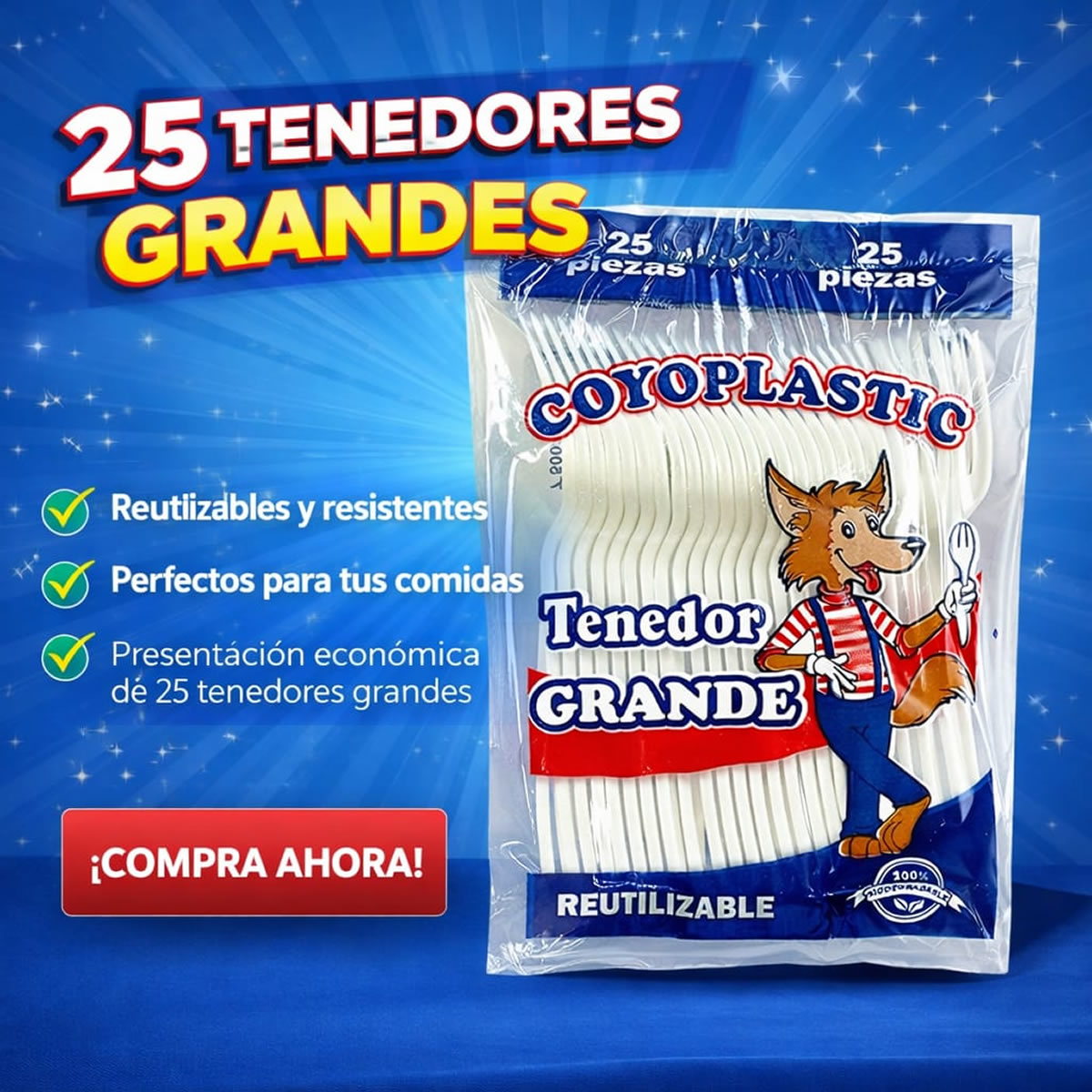 Tenedor Jumbo Coyoplastic De Plástico Desechable Grande 25 Pzas