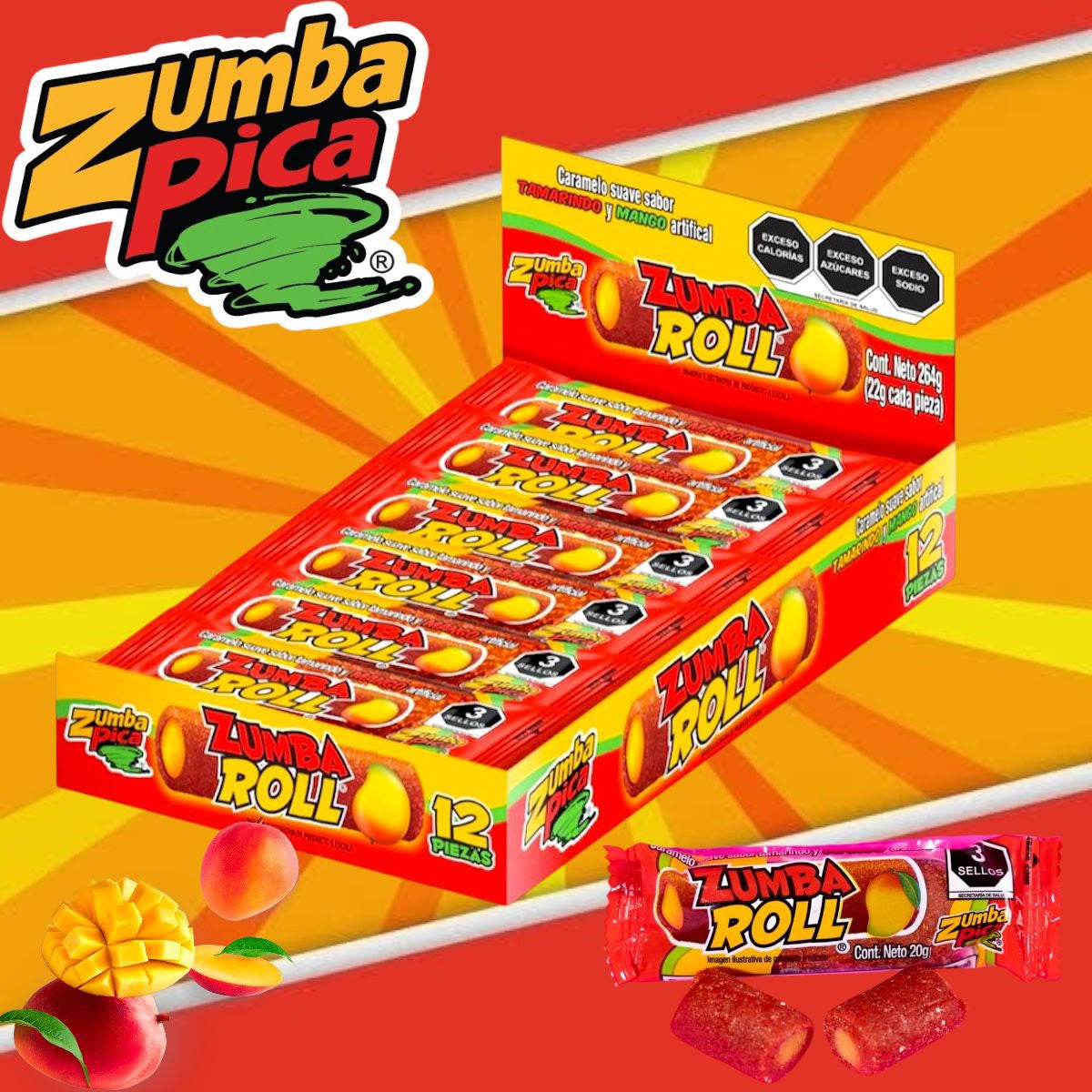 Zumba Roll Caramelo Suave Sabor Tamarindo Y Mango 12Pz Con 240g