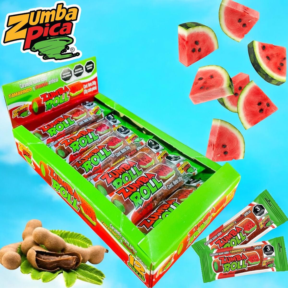 Zumba Roll Caramelo Suave Sabor Tamarindo Y Sandia 12Pz Con 240g