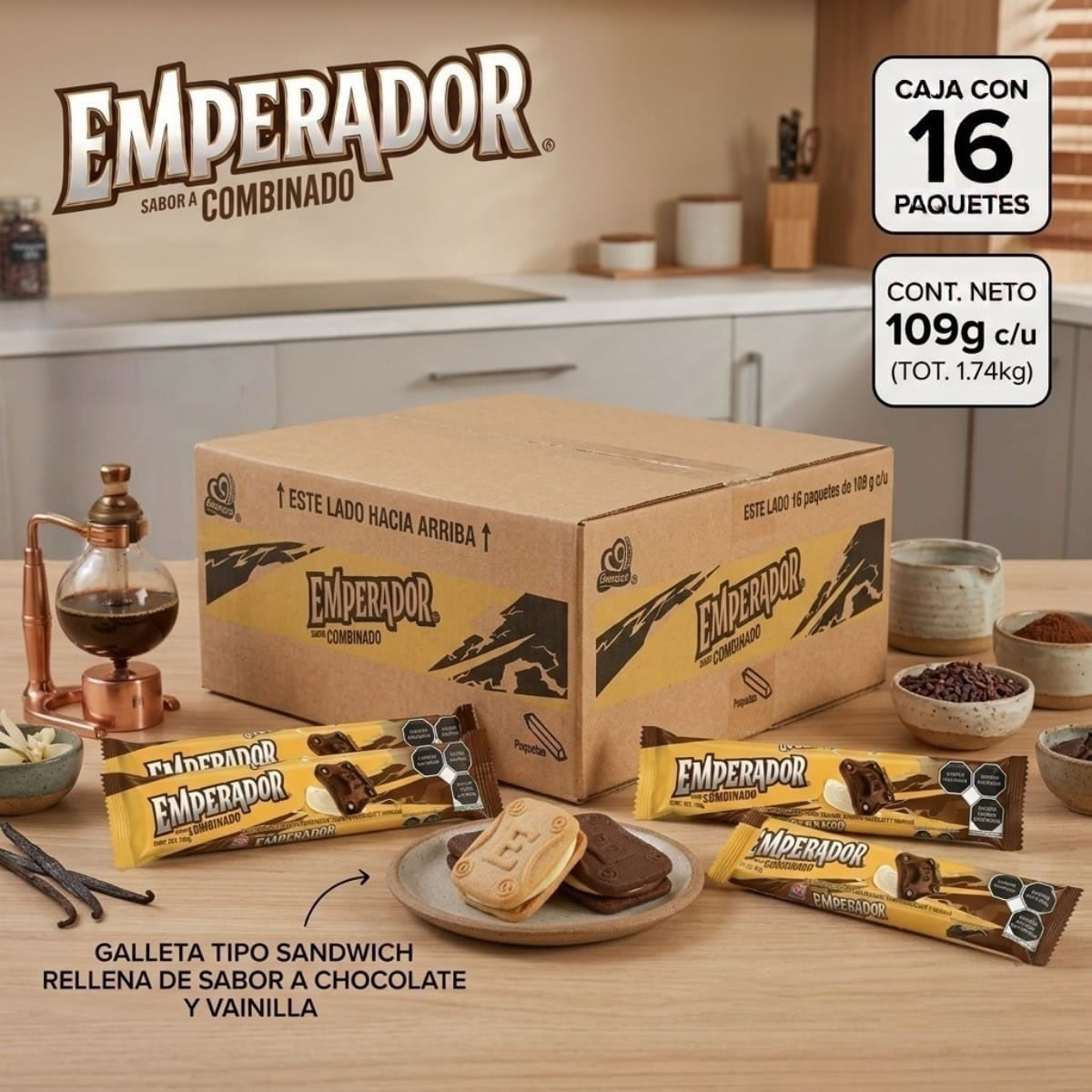 Galletas Gamesa Emperador Combinado Sabor Chocolate Vainilla Caja 16 Pzs 109gr c/u