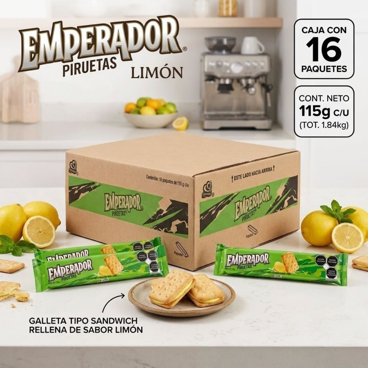 Galletas Gamesa Emperador Piruetas Limon Caja C/16pzs 115gr