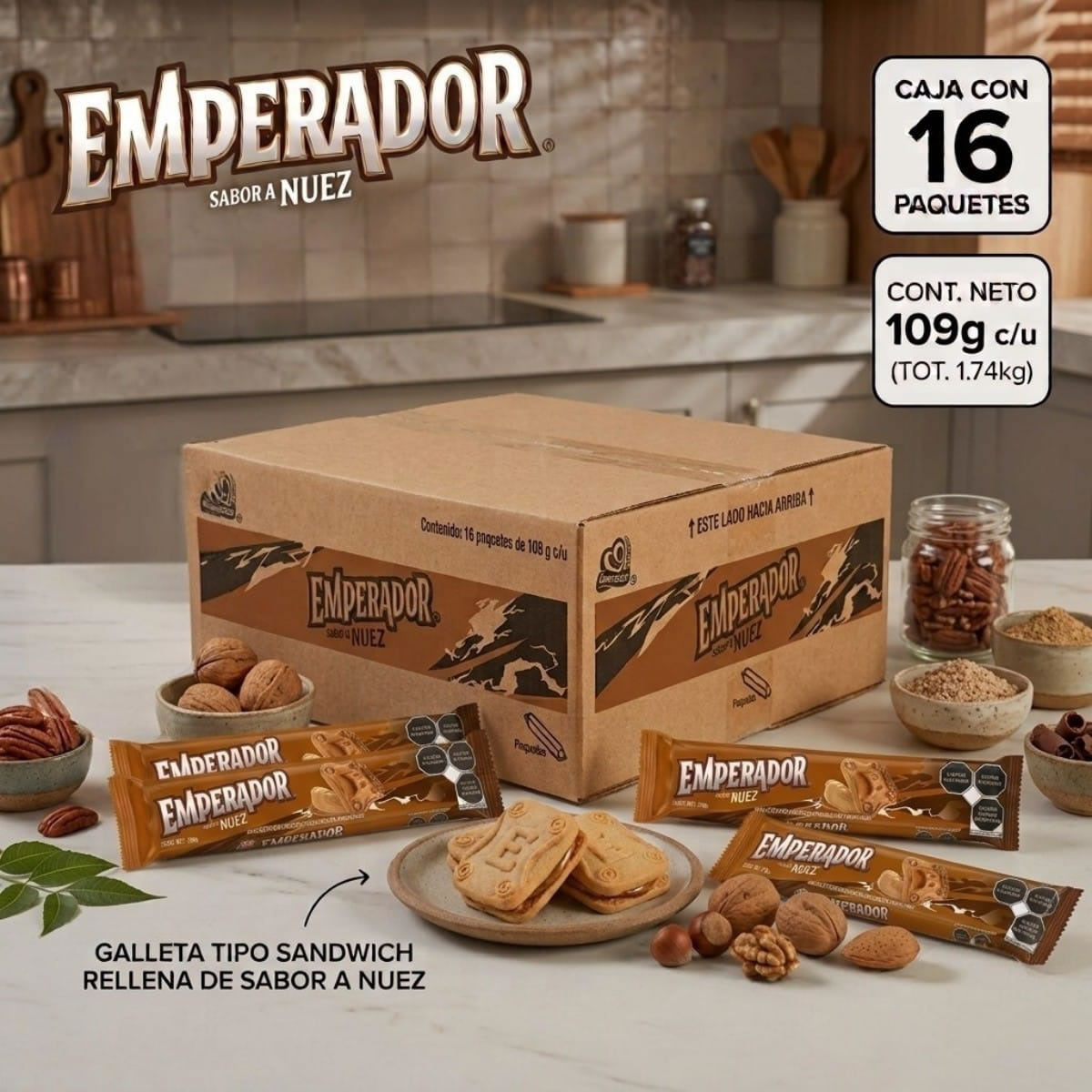 Galletas Gamesa Emperador Sabor Nuez Caja 16 Paquetes 109gr c/u