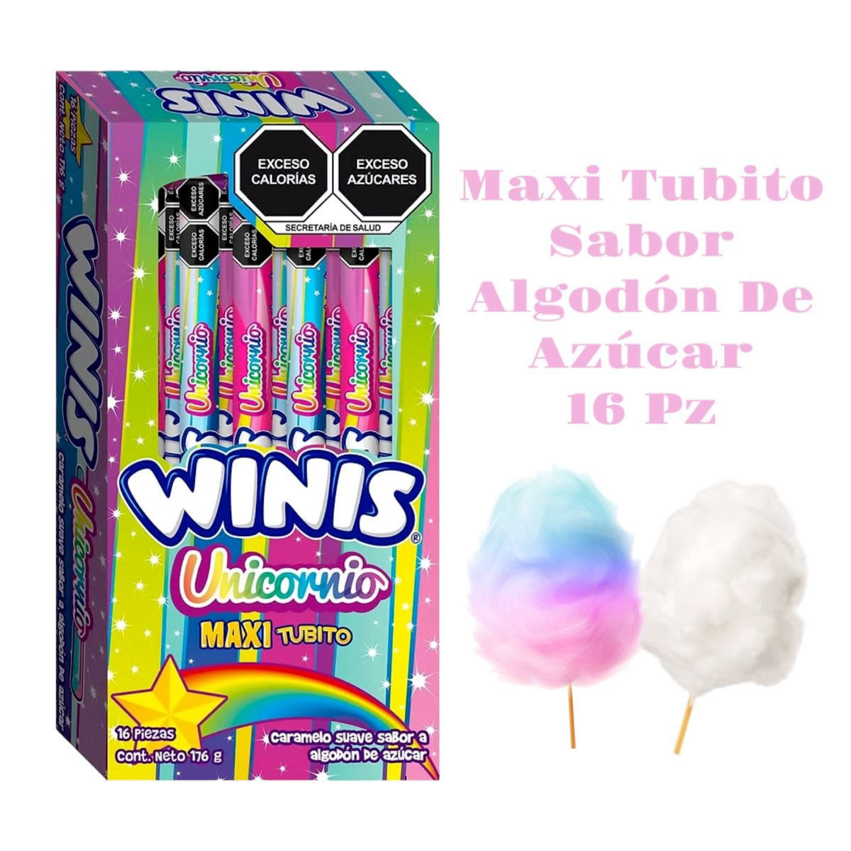 Winis Maxi Tubito Unicornio Sabor Algodon De Azucar 16Pzas