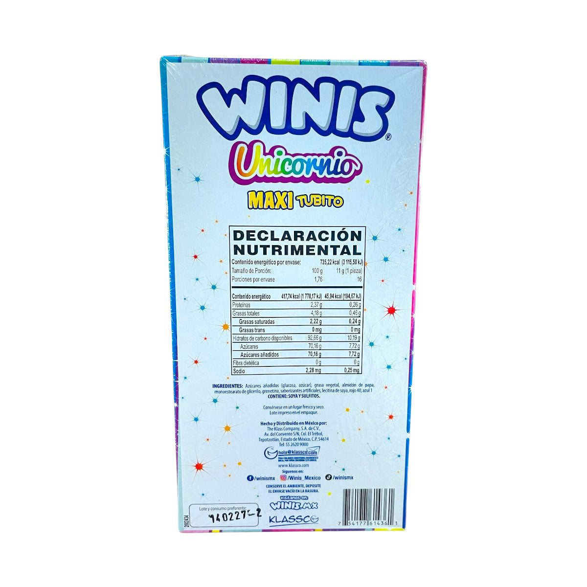 Winis Maxi Tubito Unicornio Sabor Algodon De Azucar 16Pzas