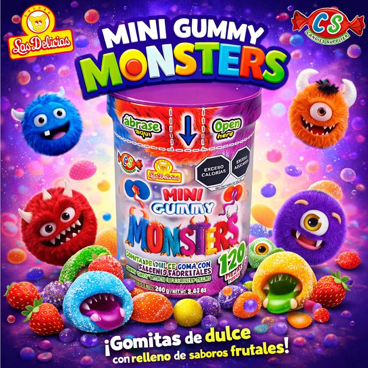 Mini Gummy Monsters Gomita Con Relleno Frutal 120Pz Las Delicias