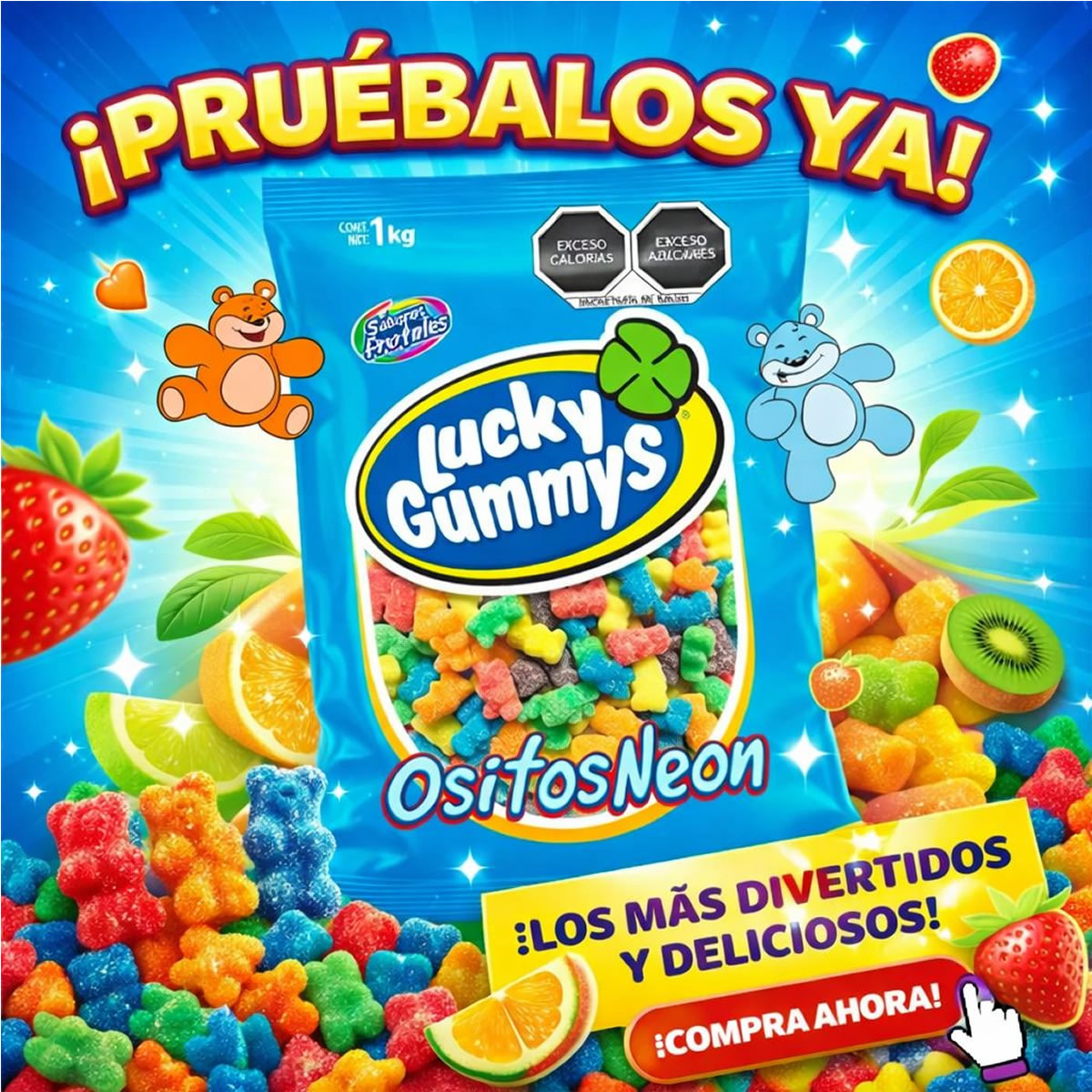 Gomitas Lucky Gummys Ositos Neon 1Kg