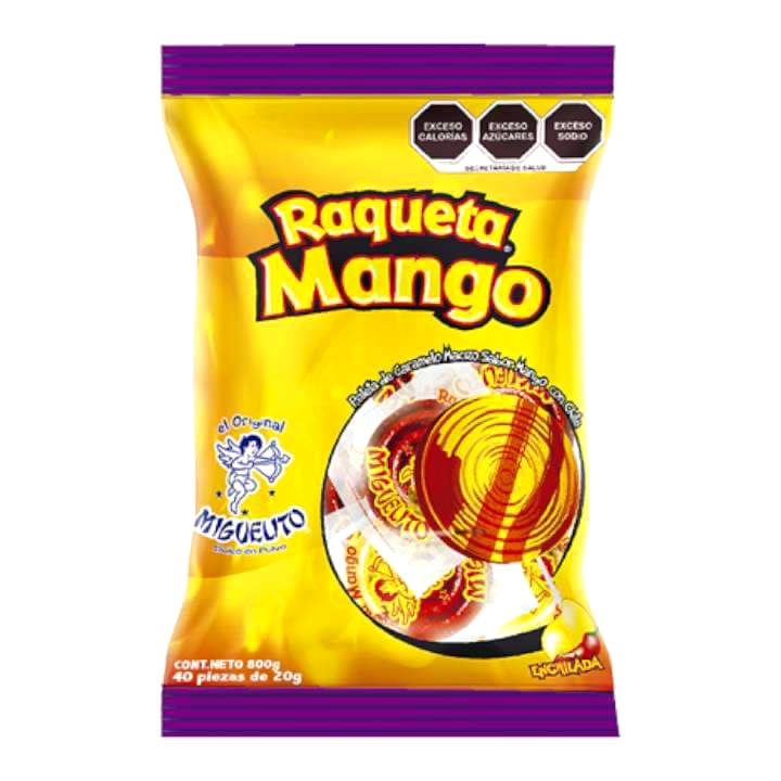 Paleta Miguelito Raqueta Mango Con Chile 40 Piezas Caramelo Macizo