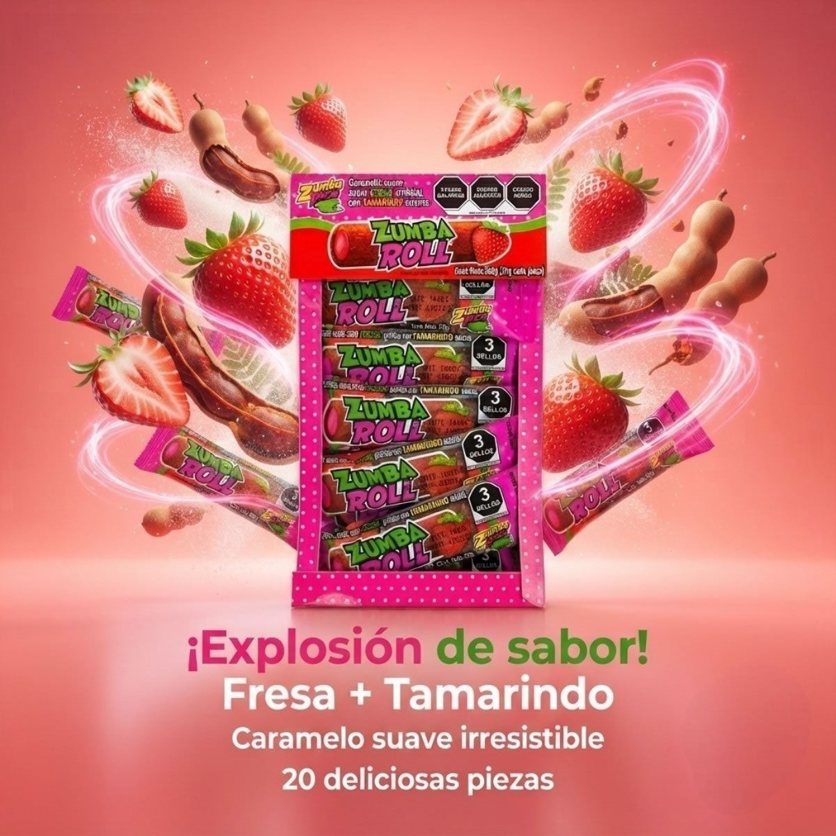 Zumba Roll Caramelo Suave Sabor Tamarindo y Fresa 12pz 240g
