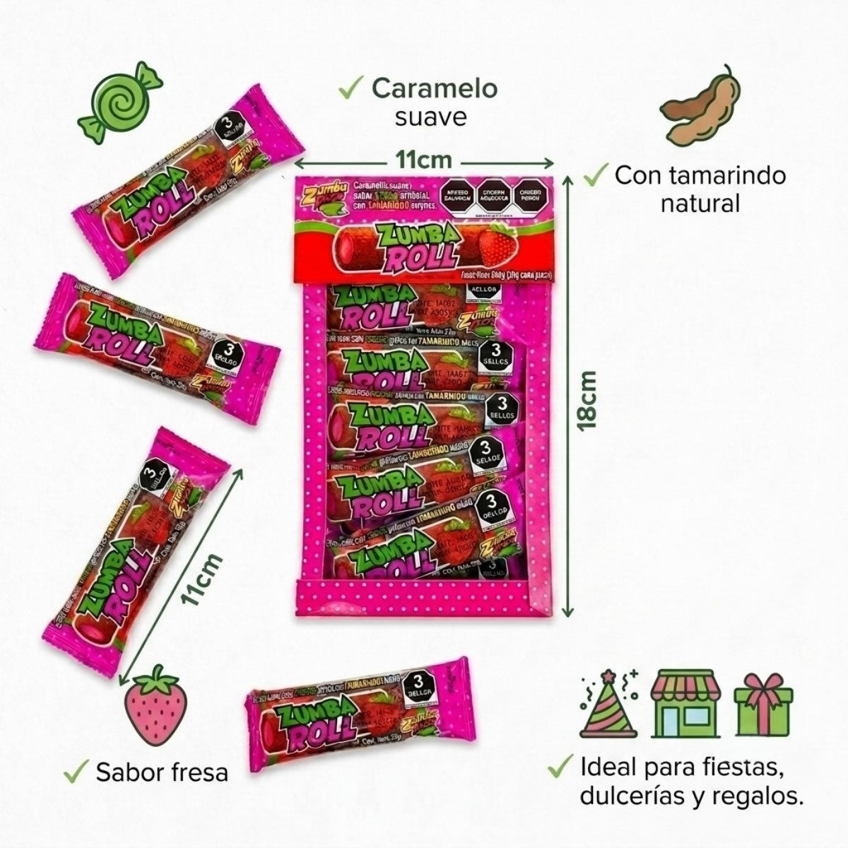 Zumba Roll Caramelo Suave Sabor Tamarindo y Fresa 12pz 240g