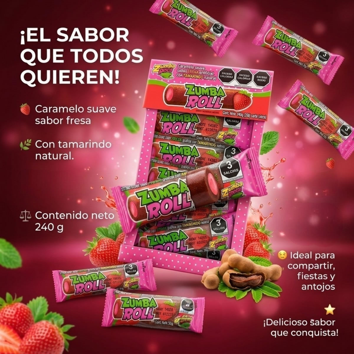 Zumba Roll Caramelo Suave Sabor Tamarindo y Fresa 12pz 240g