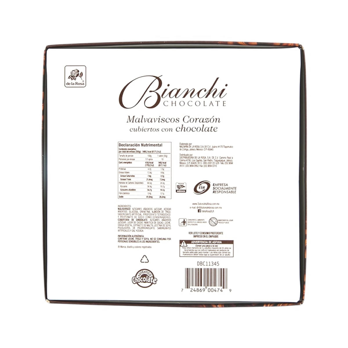 Bianchi Malvaviscos En Forma De Corazon Cubierto De Chocolate 50 Piezas