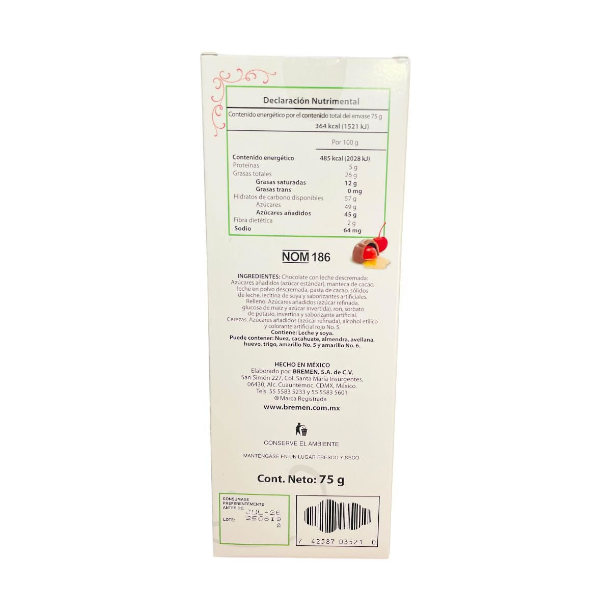 Bremen Cerize Cereza Al Licor Cubierta Con Chocolate 75gr