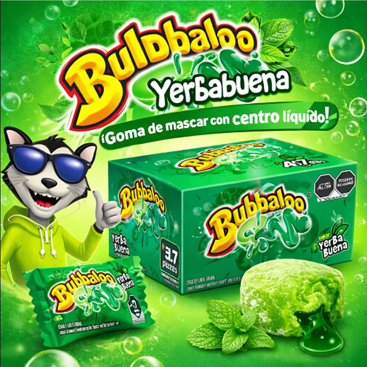 Bubbalo Goma De Mascar Con Centro Liquido Sabor Yerbabuena 47Pz