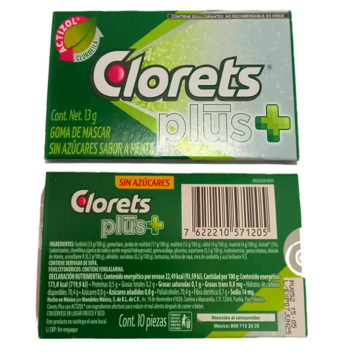 Clorets Plus Goma De Mascar Sin Azúcar Sabor Menta 12 Paquetes 156g