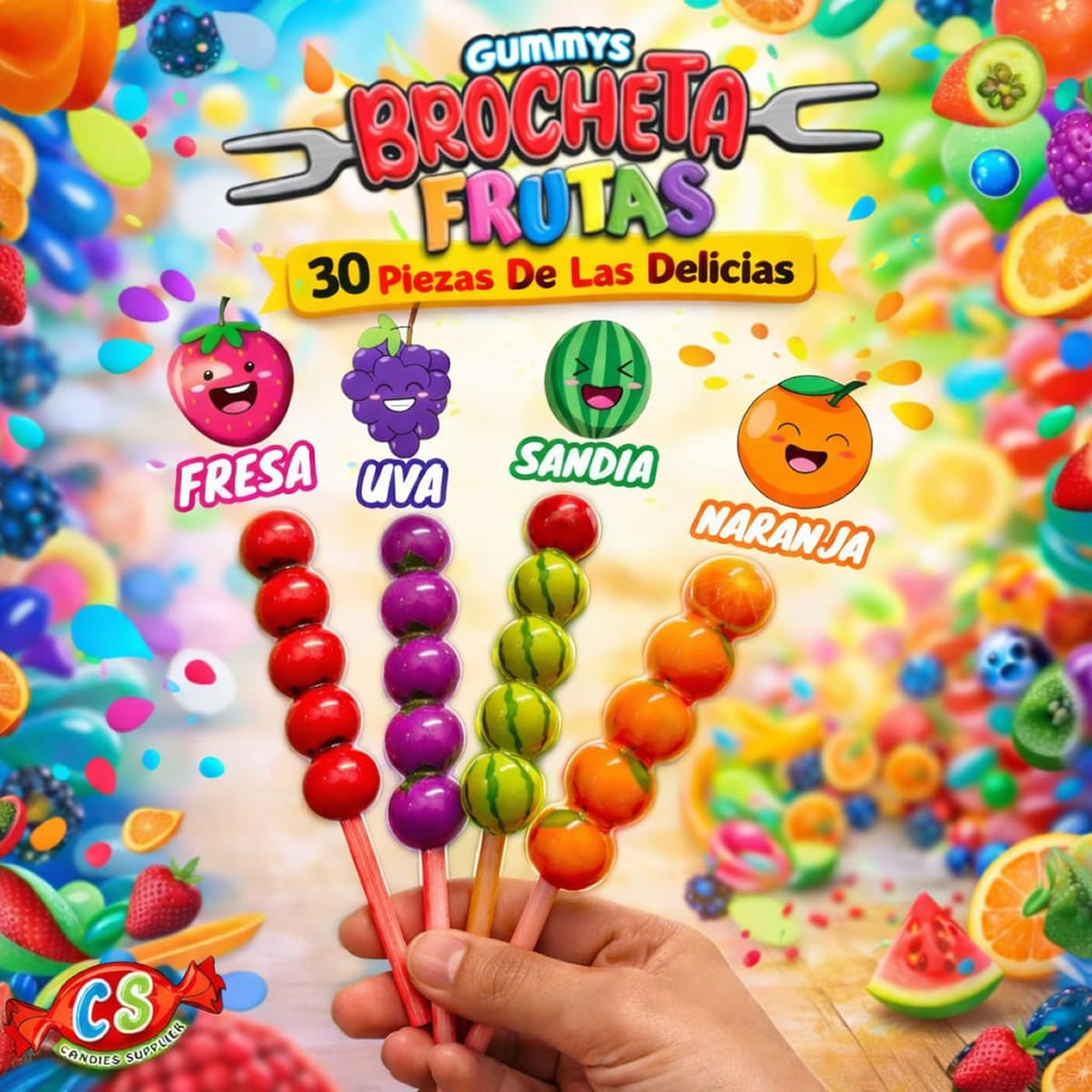 Gummy Brocheta Frutas Gomitas Con Relleno Frutal 30Pzas Las Delicias