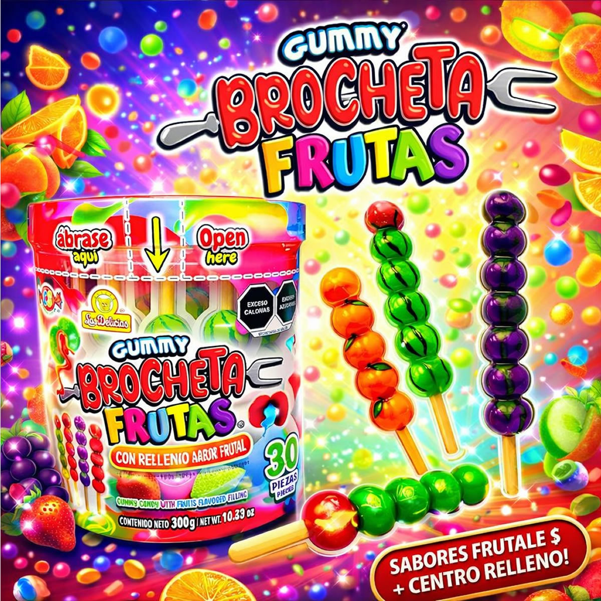 Gummy Brocheta Frutas Gomitas Con Relleno Frutal 30Pzas Las Delicias