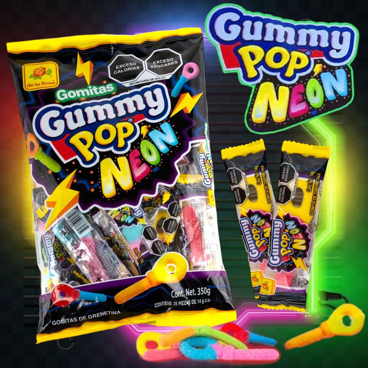 De La Rosa Gomitas Gummy Pop Neon 25Pz Con Envoltura Individual