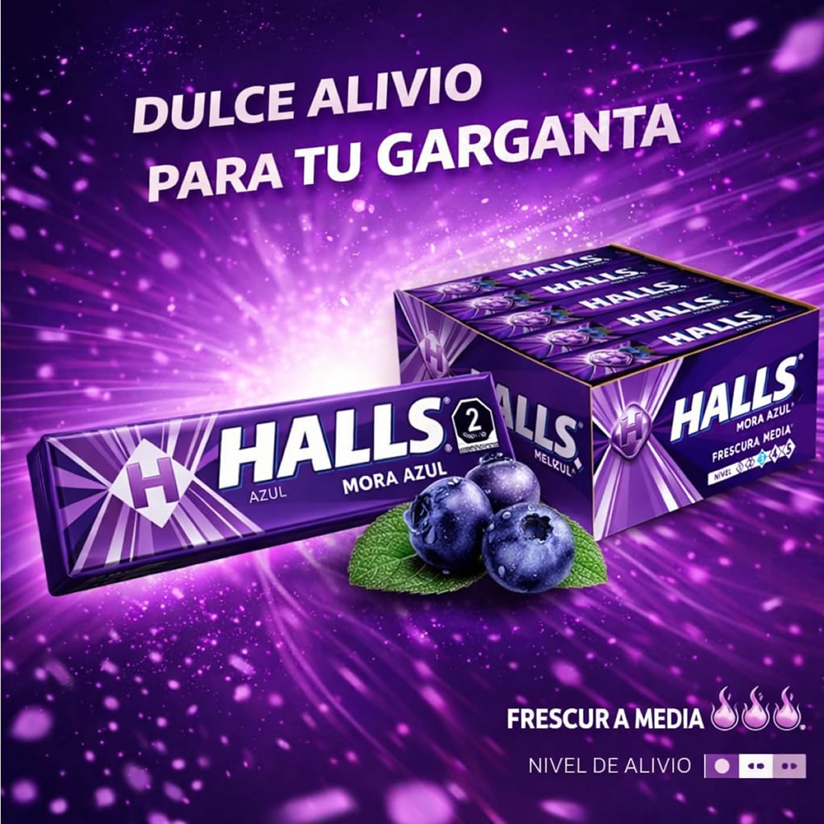 Halls Caramelo Macizo Sabor Mora Azul 12 Piezas