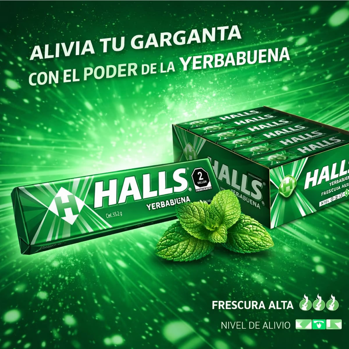 Halls  Caramelo Macizo Sabor Hierbabuena 12 Piezas