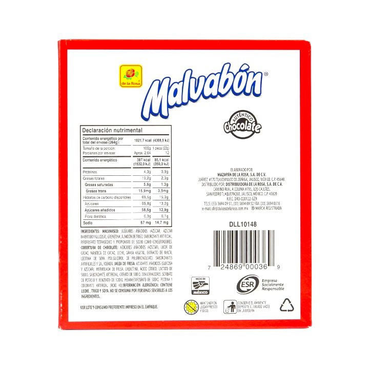 De La Rosa Malvabon Fresa Malvavisco Cubierto De Chocolate 12pz 254gr