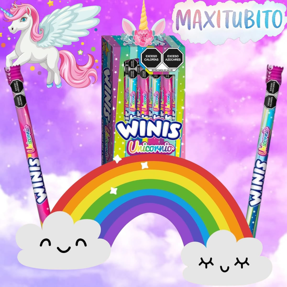 Winis Maxi Tubito Unicornio Sabor Algodon De Azucar 16Pzas
