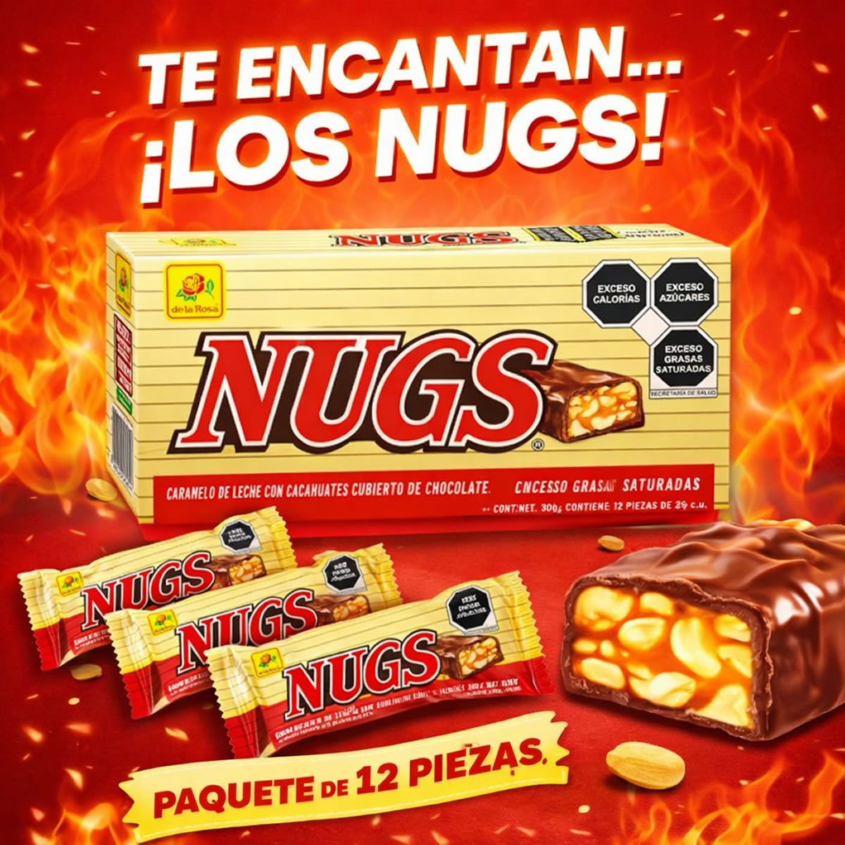 De La Rosa Nugs Caramelo De Leche Con Cacahuates Cubierto De Chocolate 12pz