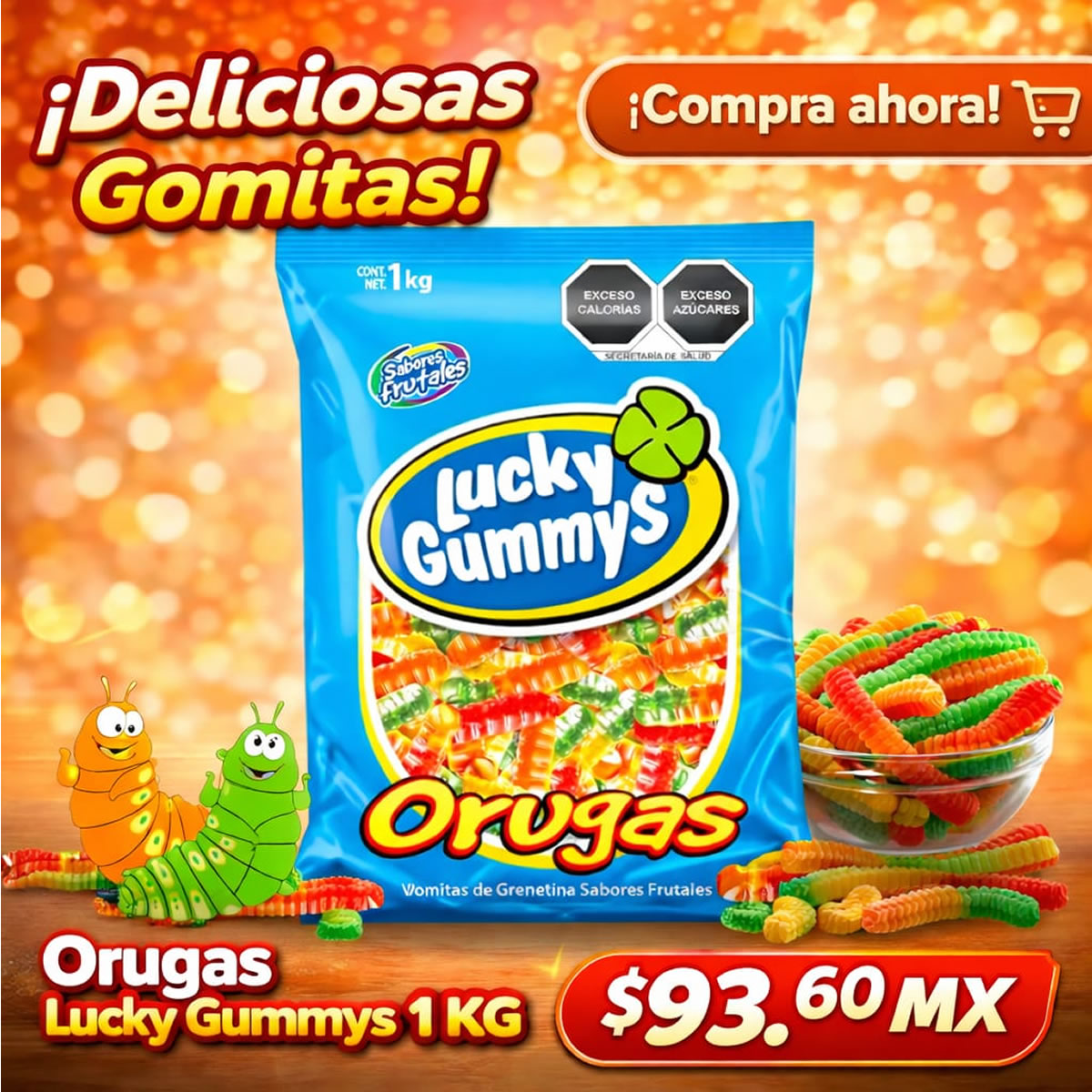 Gomitas Lucky Gummys Orugas Sabores Frutales 1Kg