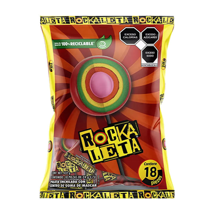 Rockaleta Paleta Enchilada Con Goma de Mascar Con 18 Piezas