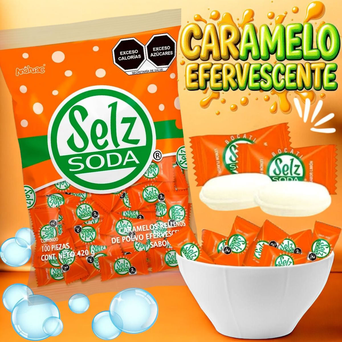 Selz Soda Caramelo Relleno De Polvo Efervescente Sabor Limon 100 Piezas