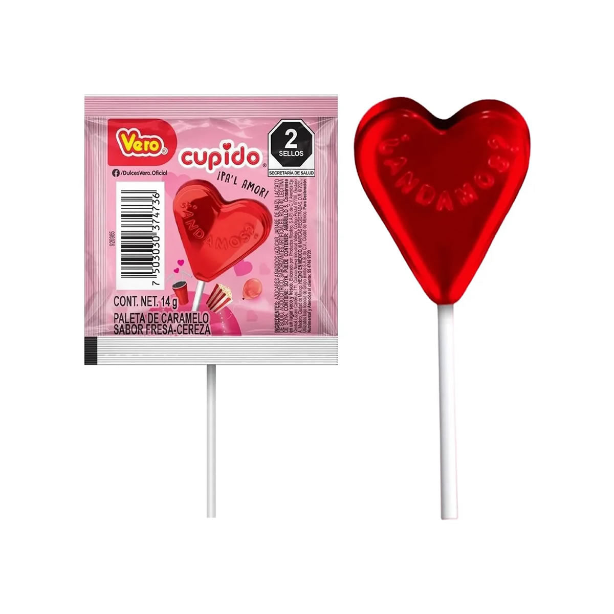 Vero Cupido En Forma De Corazon Paleta De Caramelo Sabor Fresa-Cereza 40Piezas