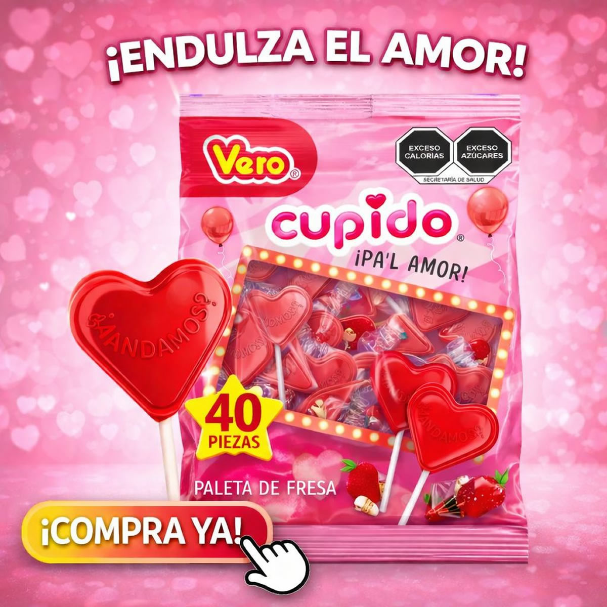 Vero Cupido En Forma De Corazon Paleta De Caramelo Sabor Fresa-Cereza 40Piezas