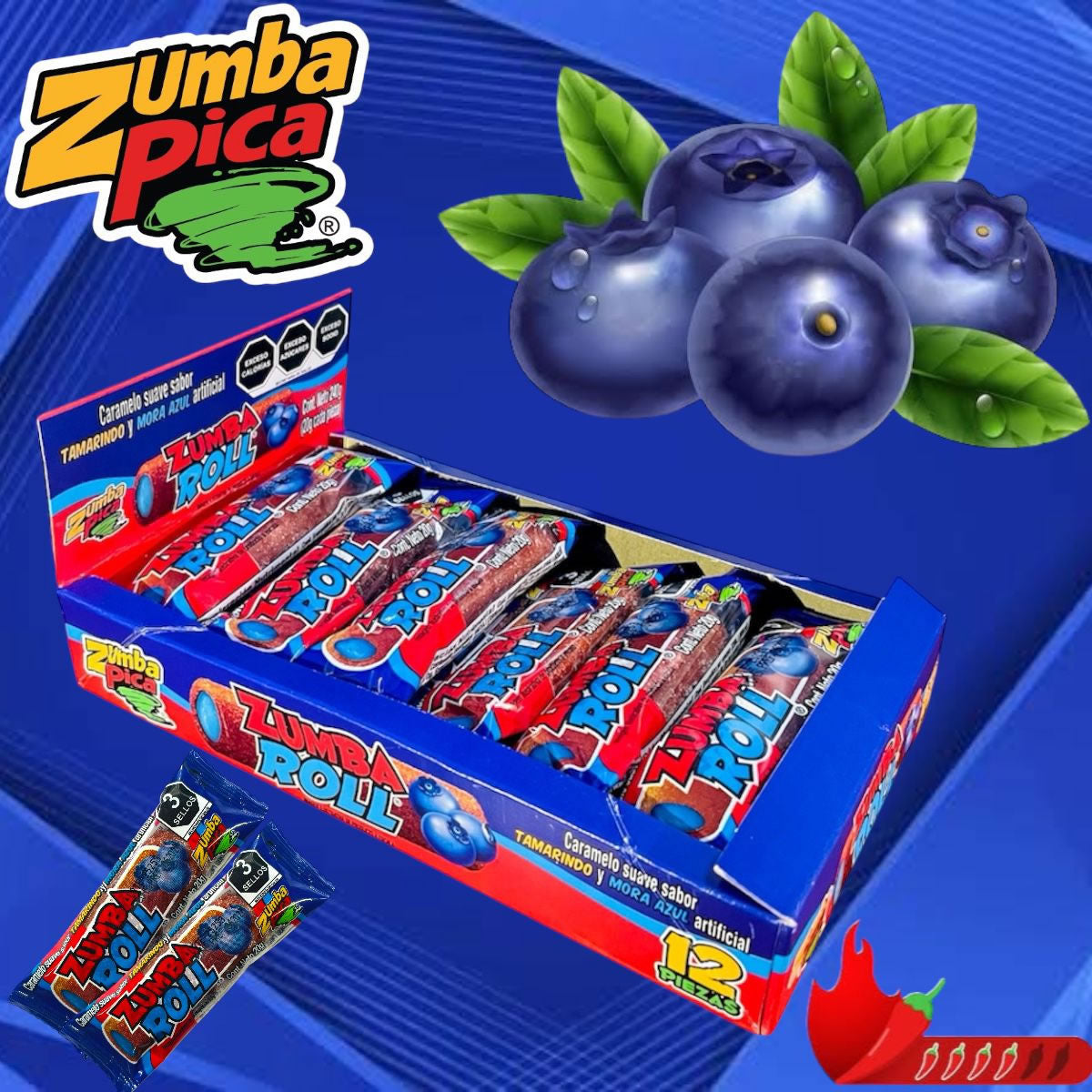 Zumba Roll Caramelo Suave Sabor Tamarindo y Mora Azul 240 g